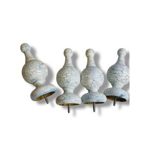 Vintage Wooden Set of 4 Finial Posts White Blue Crackle Paint 4.25" Screw In